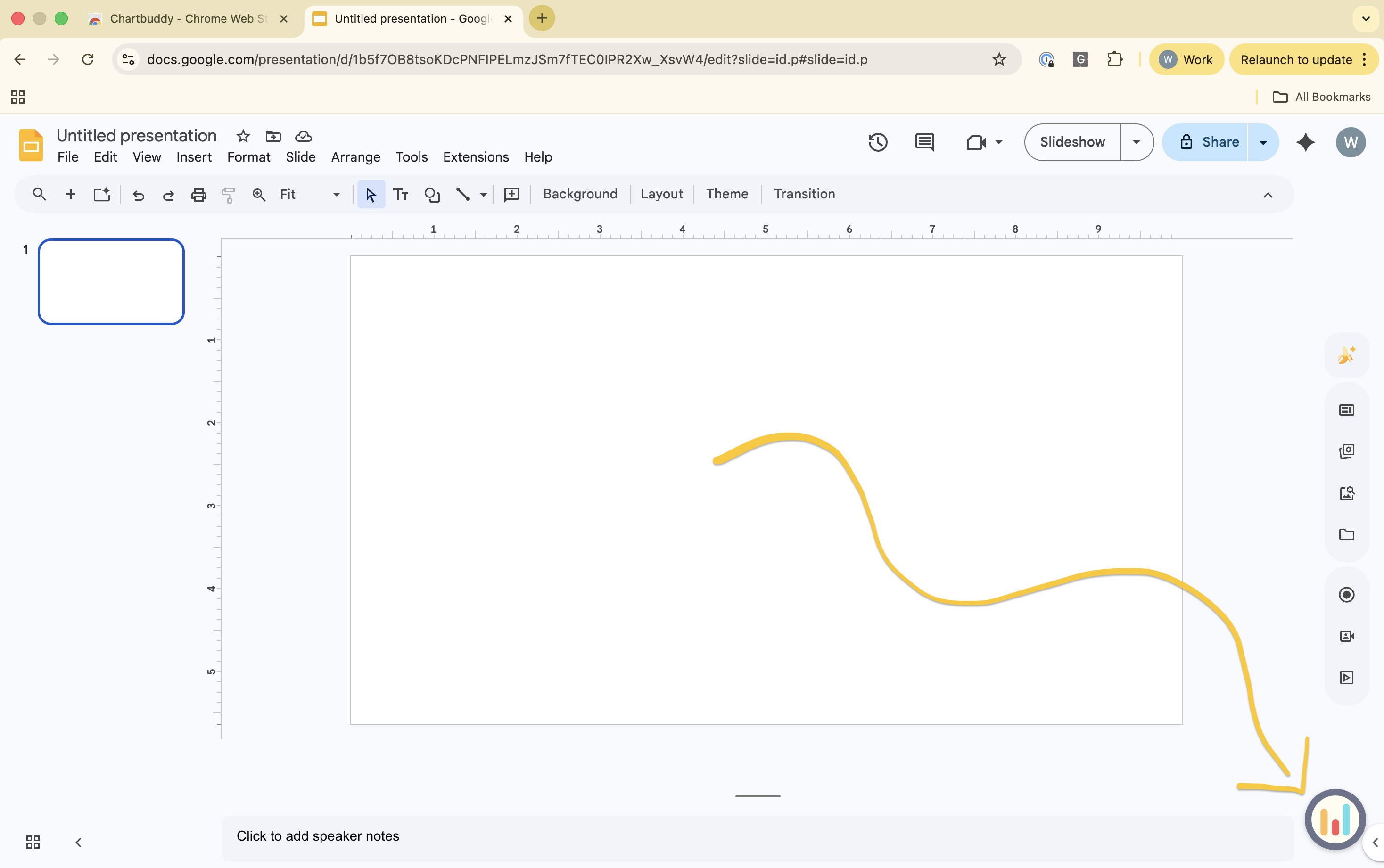 Google Slides with the Chartbuddy widget visible in the bottom-right